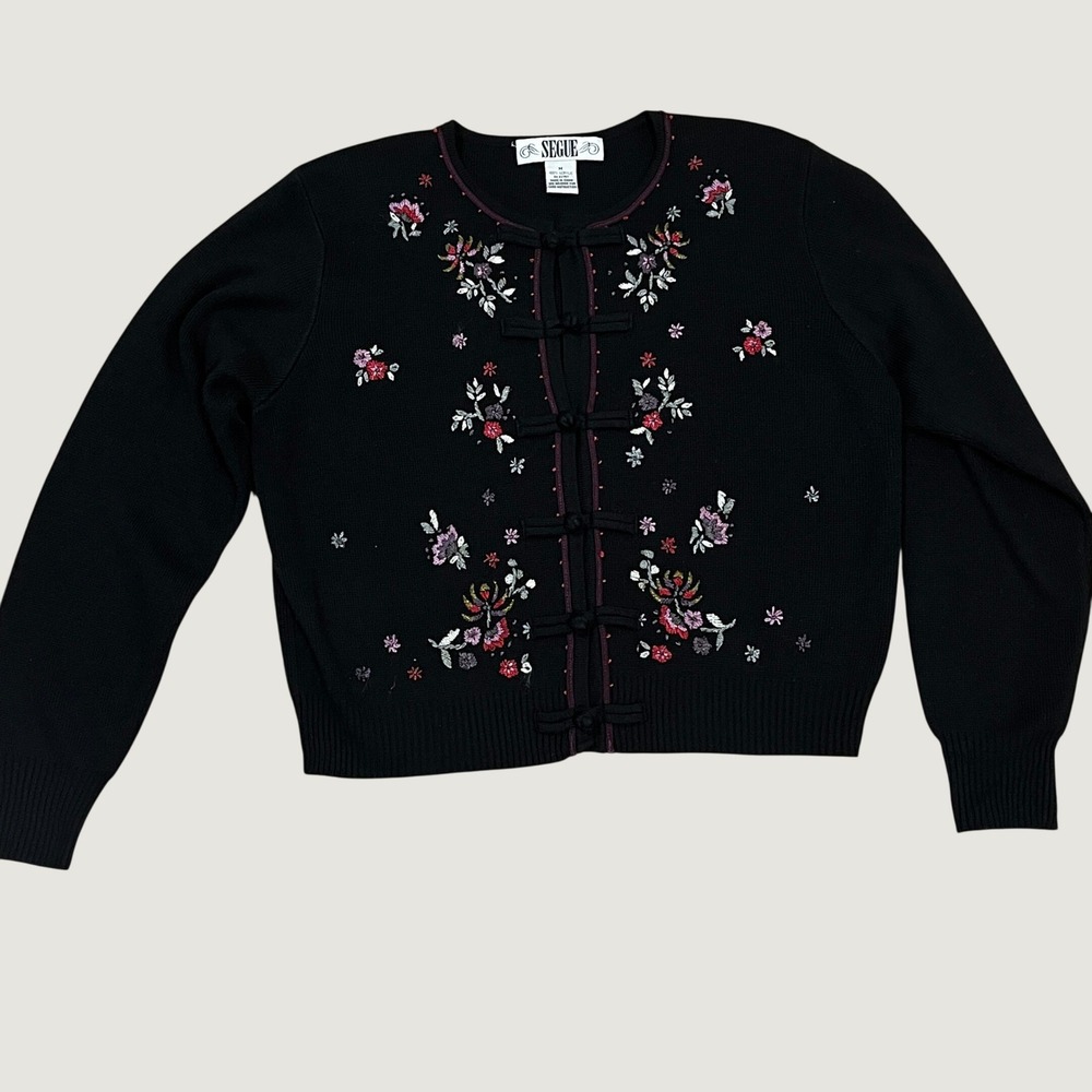 Vintage Segue Black Floral Embroidered Cardigan M Frog Closure Toggle Sweater